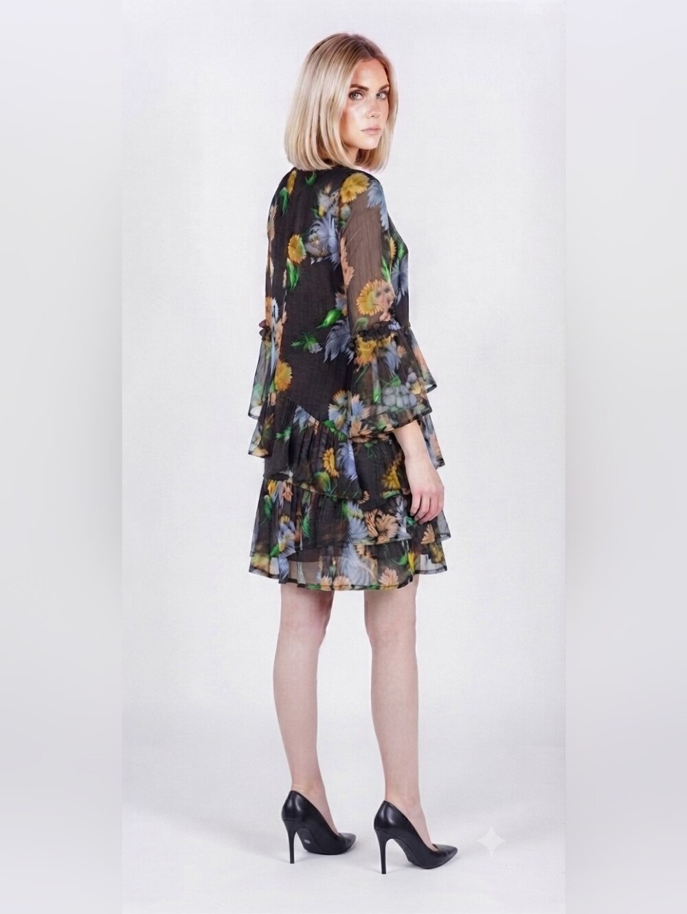 GANNI Louvre Chiffon Floral Ruffle Mini Dress Black Yellow Blue Sz 36 / US 4